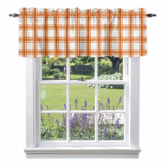 Fall Orange Plaid Valance Curtains, Country Farmhouse Pastoral Stripe Gingham Grids Rod Pocket Short Window Curtain for Kitchen Bathroom Bedroom, 60"x18"