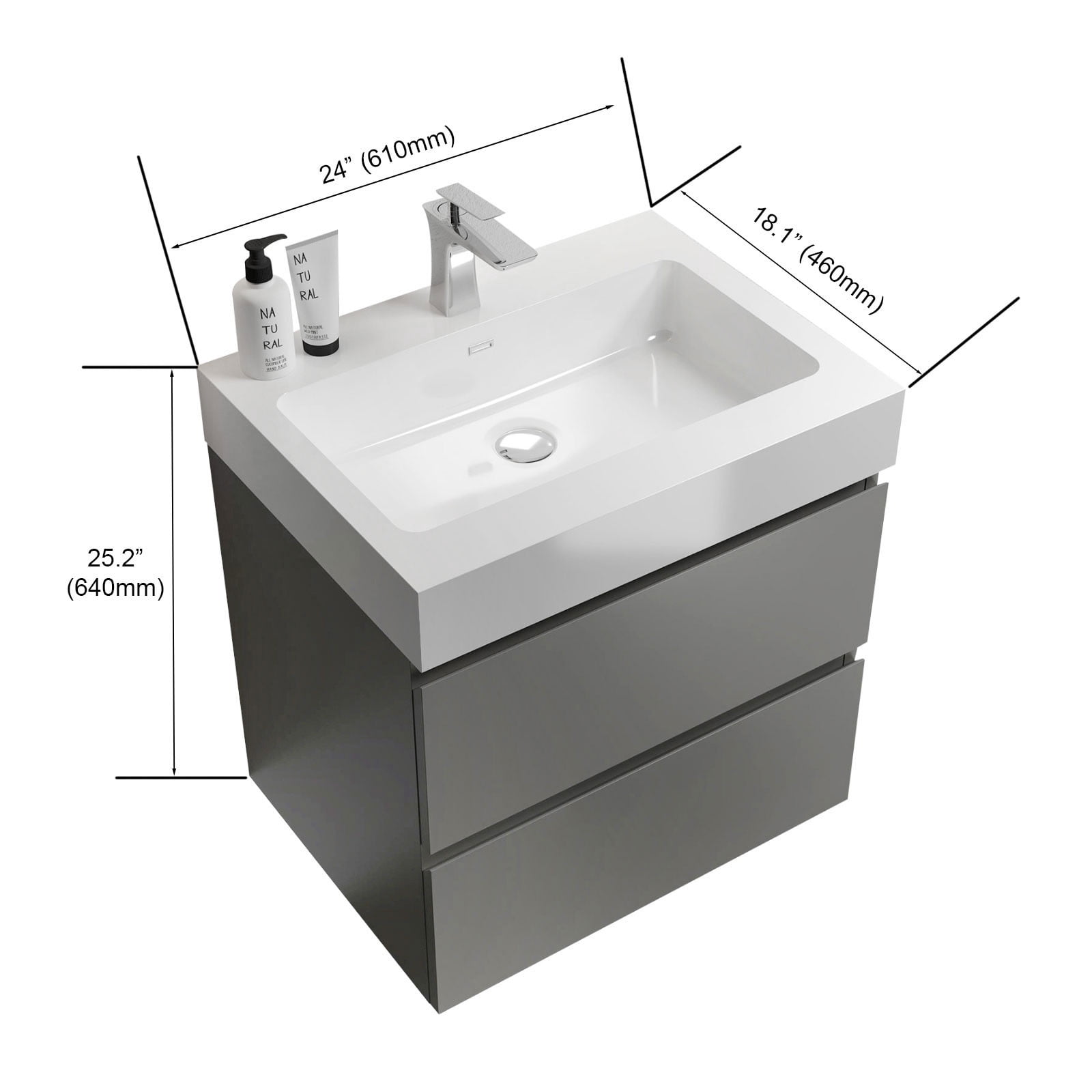 CITTANEO 24 inch Floating Bathroom Vanity with Sink, Modern Bathroom Cabinet in Gray