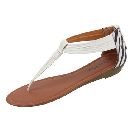 

New Women s Fashion Casual Crystal Zebra Print Back Zipper Thong Flat Sandal White