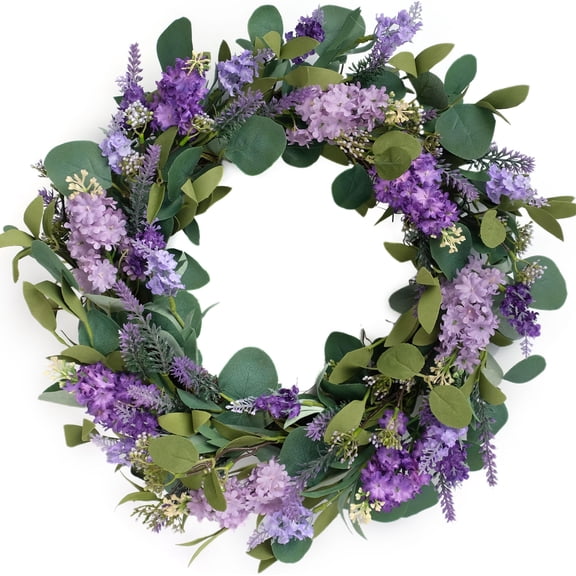 Idyllic 18" Spring Summer Purple Floral Wreath for Front Door, Artificial Flowers with Green Leaves