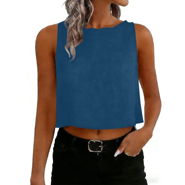 Camisetas de Verano de Mujer Casual Linen sin Mangas de Cuello Redondo Botón para las Mujeres