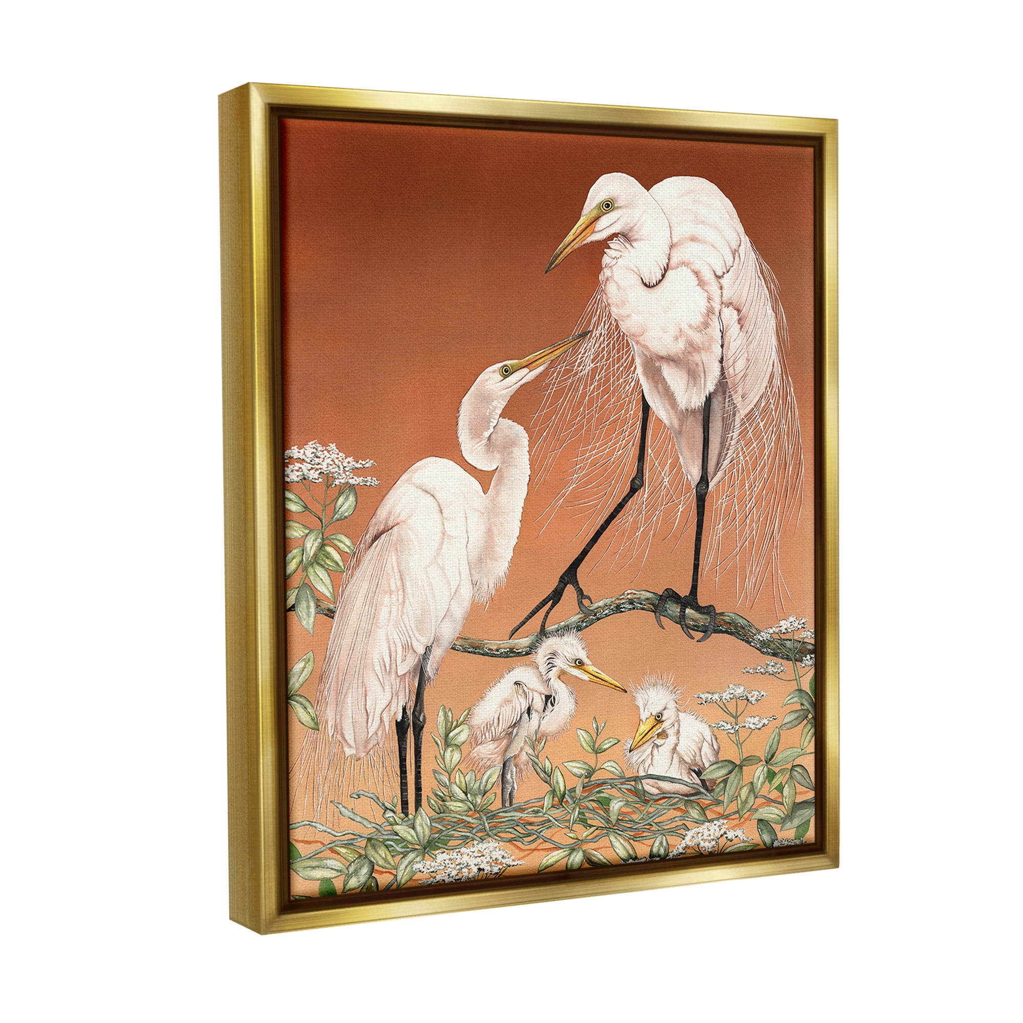 Stupell Industries Traditional Heron Family Animals & Insects Painting Gold Floater Framed Canvas Art Print Wall Art, 17 x 21