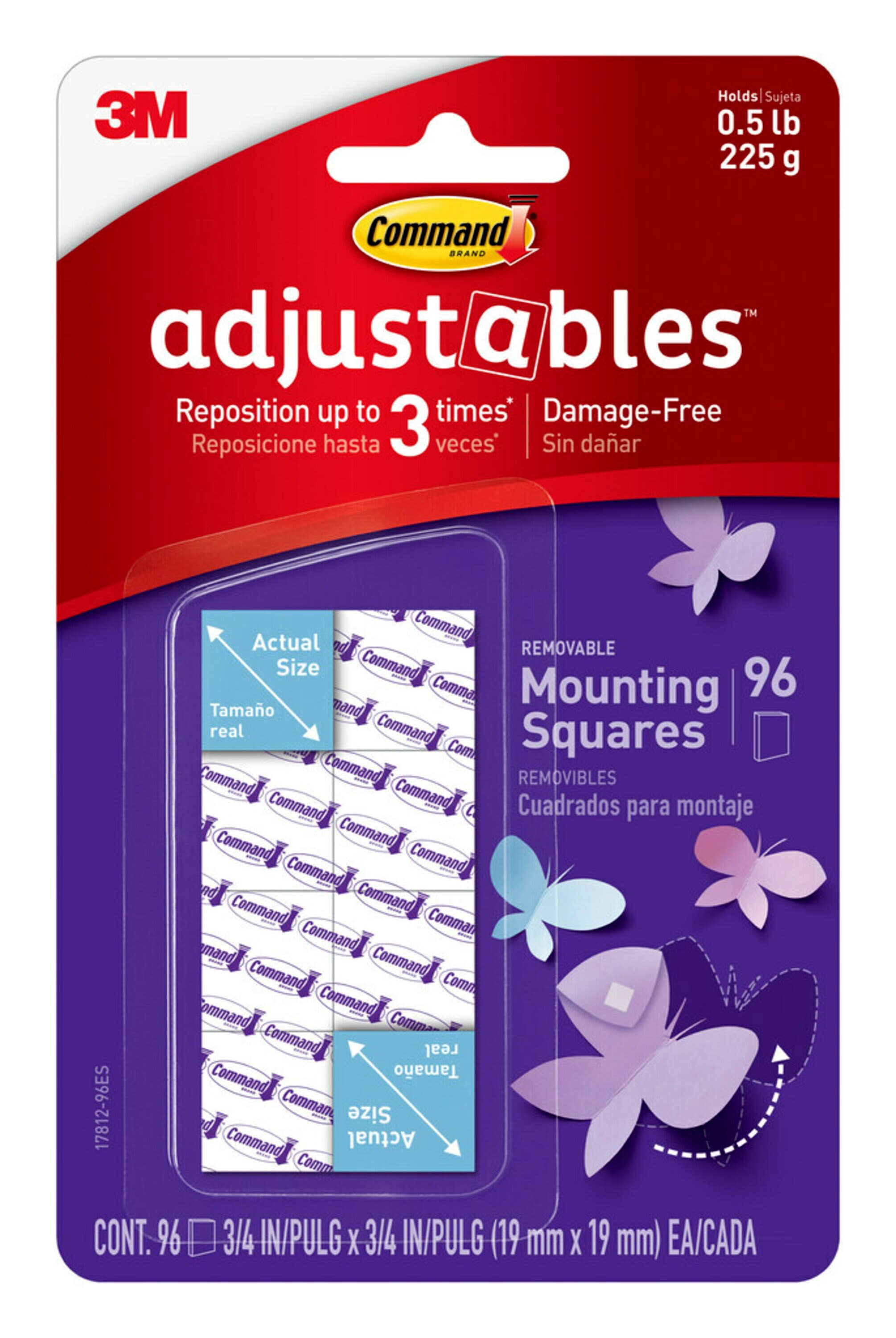 Command Adjustables Repositionable Indoor Removable Adhesive Mounting Squares, White, 96 Squares