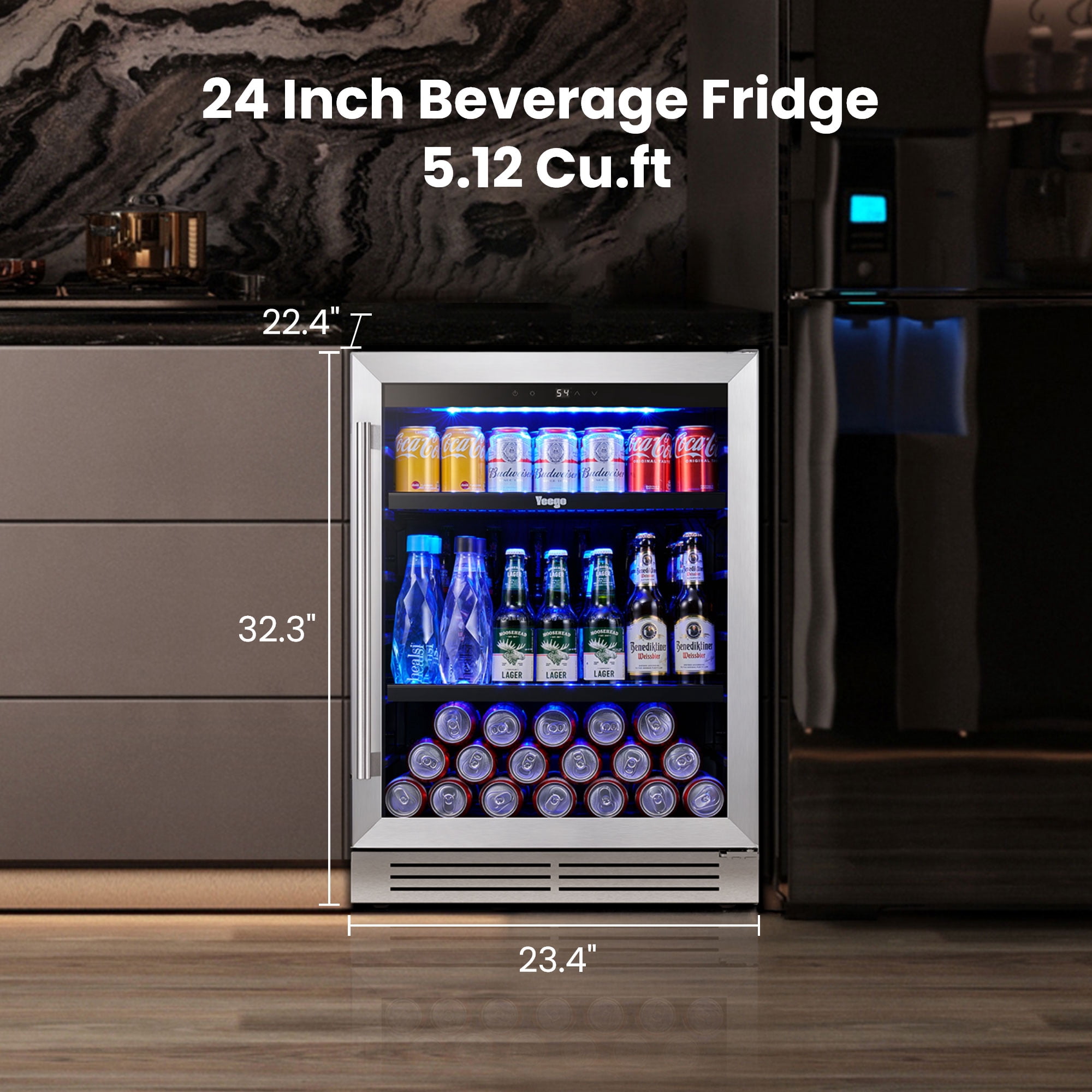 Yeego 24 Inch 180 Cans Beverage Refrigerator Cooler, Double Layer Glass Door, Built-in/Freestanding for Beer Soda Water, Right Hinge