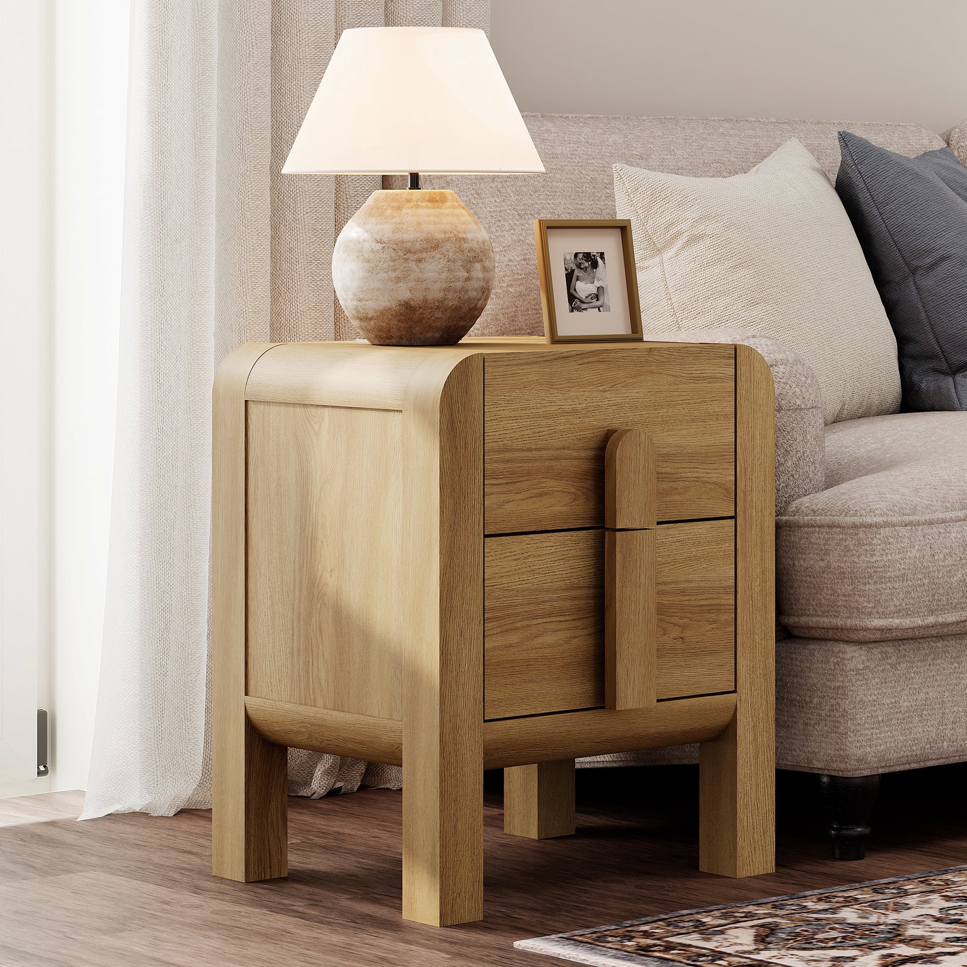 Bedroom End Table with Charging Station and Curved Profile Design, Mid Century Modern Wooden Nightstand with Drawer for Living Room, Sofa Office