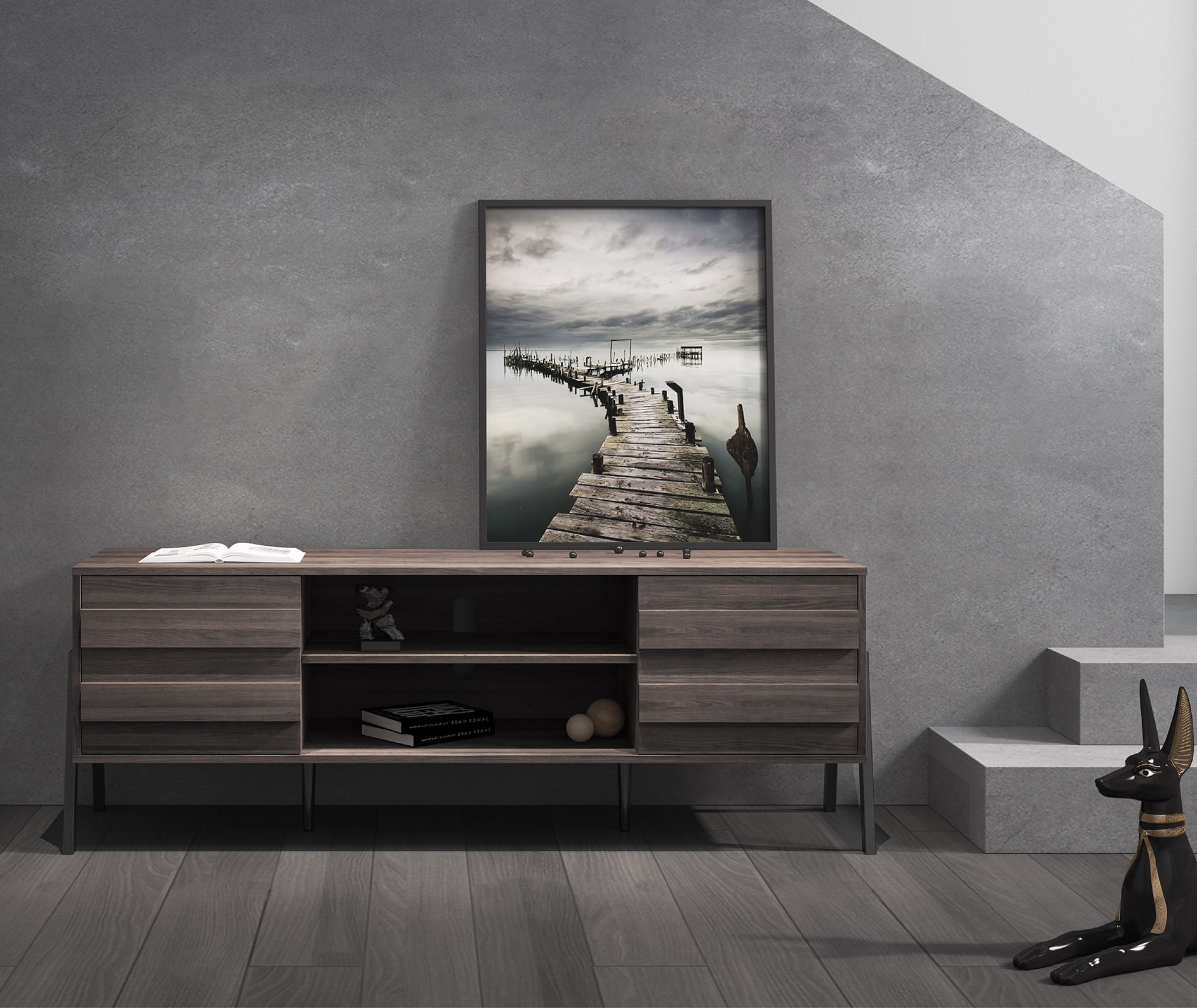 Wampat Mid-Century Modern TV Stand, Wood Media Entertainment Center for 65 Flat Screen, Rustic Oak
