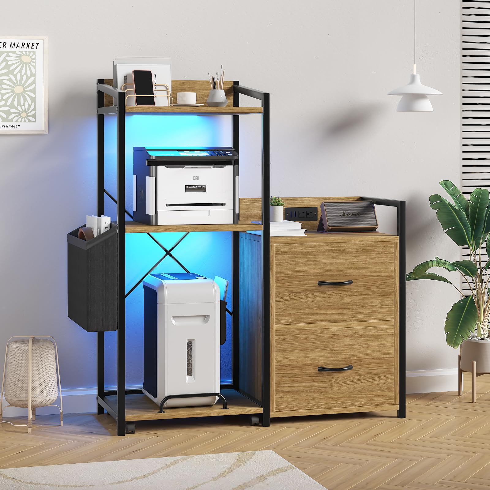 Smart Wooden Printer Stand with Built-in Power Strip and LED Lights, Featuring a 2-Drawer File Cabinet and Open Shelf for A4/Letter Size Home Office Organization，Wood