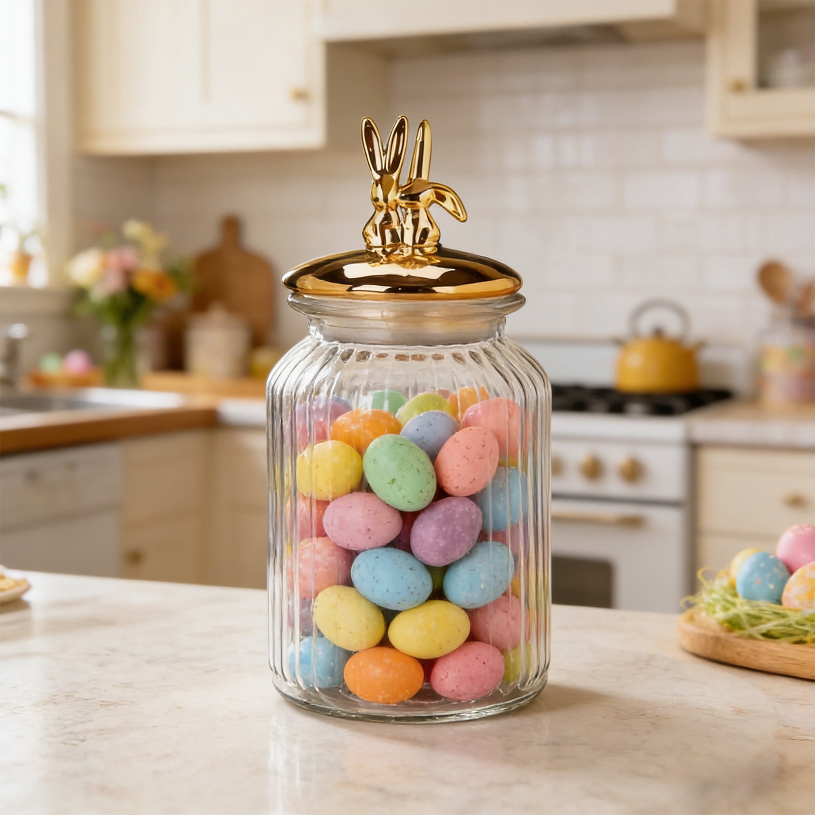 1 Pcs Easter Glass Jar with Lid Large Bunny Ear Egg Candy Jar Clear Decorative Food Storage Container Rabbit Egg Shape Storage Canister Easter Bunny Table Decor for Gift, 8.66x4.72x4.72in