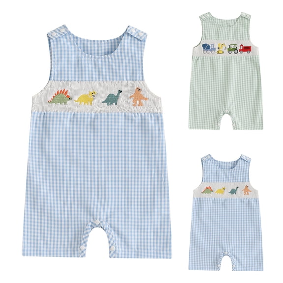 larppty Baby Boy Summer Clothes Sleeveless Embroidery Fishing Gingham Romper Jumpsuit Retro Smocked Shortall(Green, 6-12 Months)