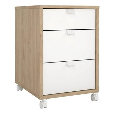 Pemberly Row Mobile Cabinet with 3 Drawers and casters in Hickory and White