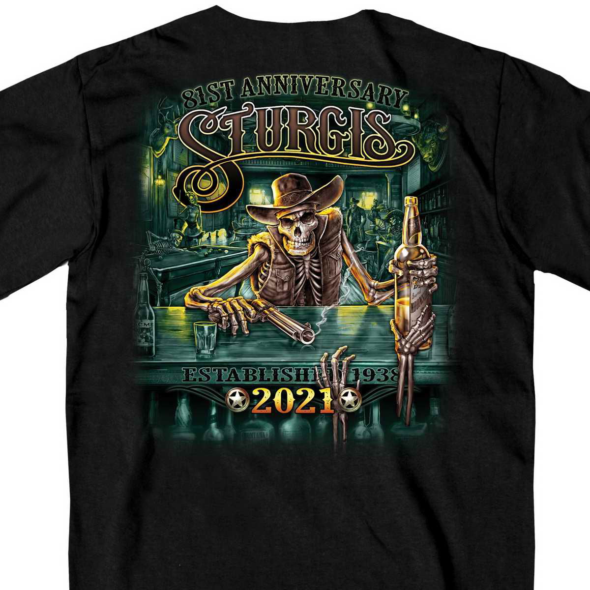 Official 2021 Sturgis Motorcycle Rally SPM1957 Men’s Black Saloon T Shirt Large 