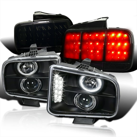 Spec-D Tuning Black Projector Headlights   LED Rear Tail Lamps Compatible with 2005-2009 Ford Mustang Gt Shelby 2Dr Left   Right Pair Headlamps Assembly