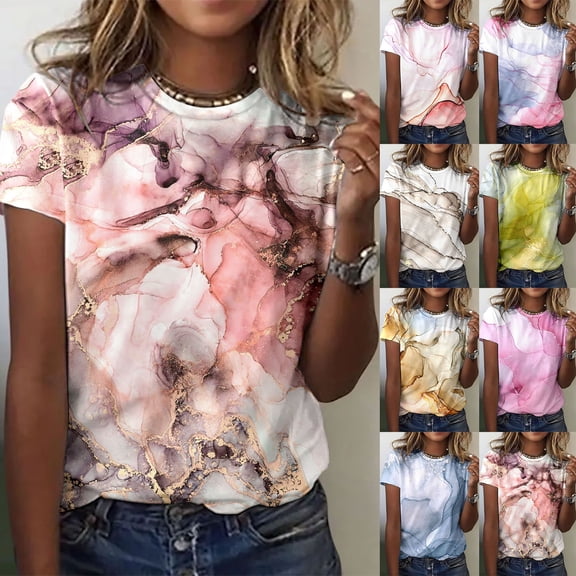 Tshirts for Women Ladies Colorful Tie Dye Crew Neck Short Sleeve Summer Top Tees for Women Blue L