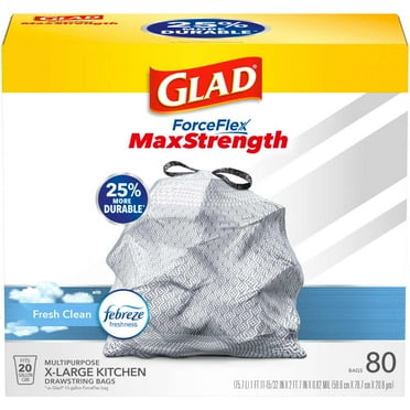 Glad ForceFlex MaxStrength X-Large Kitchen Drawstring Trash Bags, 20 Gallon - Fresh Clean Scent with Febreze Freshness 80 ct