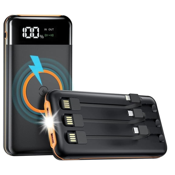 Portable Power Bank Charger (Orange): 40000mAh Capacity, 5V3.1A Fast Charging, 10W Wireless Charger – Built-in in/Out Cables & Flashlight