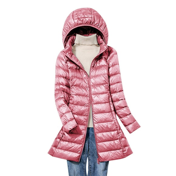 Yuyuzo Womens Winter Puffer Jackets Hooded Long Sleeve Stand Collar Mid-Long Slim Zipper Jackets Solid Color