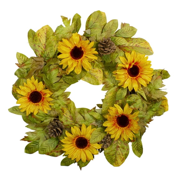 Yellow Sunflower and Pine Cone Artificial Fall Harvest Wreath - 24 inch, Unlit