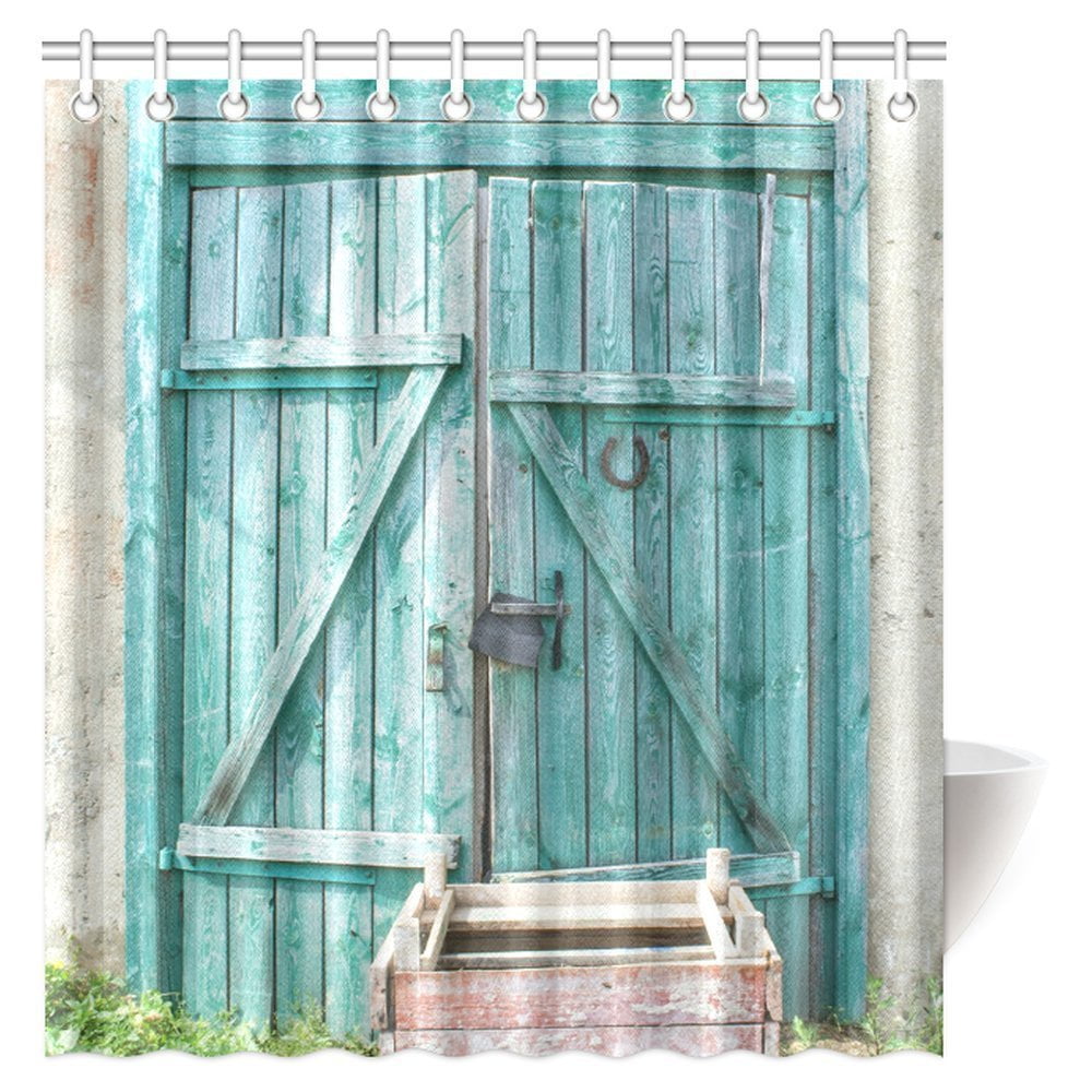 Bathroom Fabric Shower Curtain Set Hook Blue Rustic Wooden Door Stone Wall 72" 