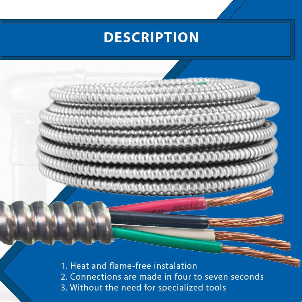 8/3 MC Cable Metal Clad Type 8 AWG 3 Cable with Ground Aluminium Armor Solid Copper Conductor for Indoor 25 Ft