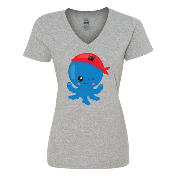 Inktastic Pirate Octopus, Blue Octopus With Red Pirate Hat Women's V-Neck T-Shirt