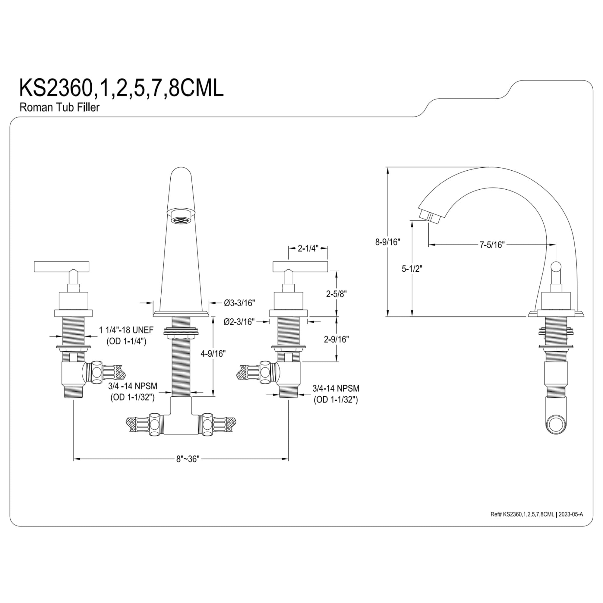 Kingston Brass KS2362CML Manhattan Two-Handle Deck Mount Roman Tub Faucet, Polished Brass