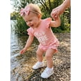 thumbnail image 5 of BemeyourBBs Baby Girls Summer Clothes Newborn Hospital Going Home Baby Girl Outfits She's Here Letter Print Fly Sleeves Romper and Bow Print Shorts Headband 3Pcs Set, 5 of 9