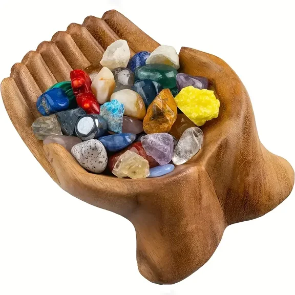 Hand-Carved Wooden Crystal Display Bowl - Sacred Offering Hands Altar Tray for Gemstones, Jewelry & Trinkets - Natural Teak Wooden Decorative Storage Dish - Unique Gift for Crystal Lovers