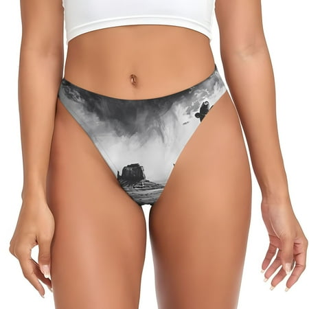 Qokaie 60s Black White Western Cowboy Printed Women s Cotton Thong Underwear  Sexy Breathable Panties G-string -X-Small
