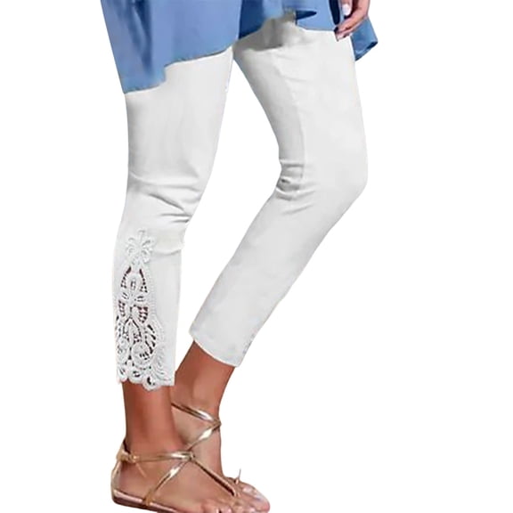 MIASHUI Women's Lace Detail High Waist Leggings Tummy Control Stretchy Pants Ankle Length Casual Wear White,L