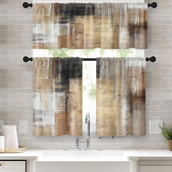 3 Piece Abstract Brown Beige Art Kitchen Curtain Set Valances 52x18 inches Kitchen Curtains Tiers 27x39 inches Rod Pocket Window Drapes for Kitchen Bathroom