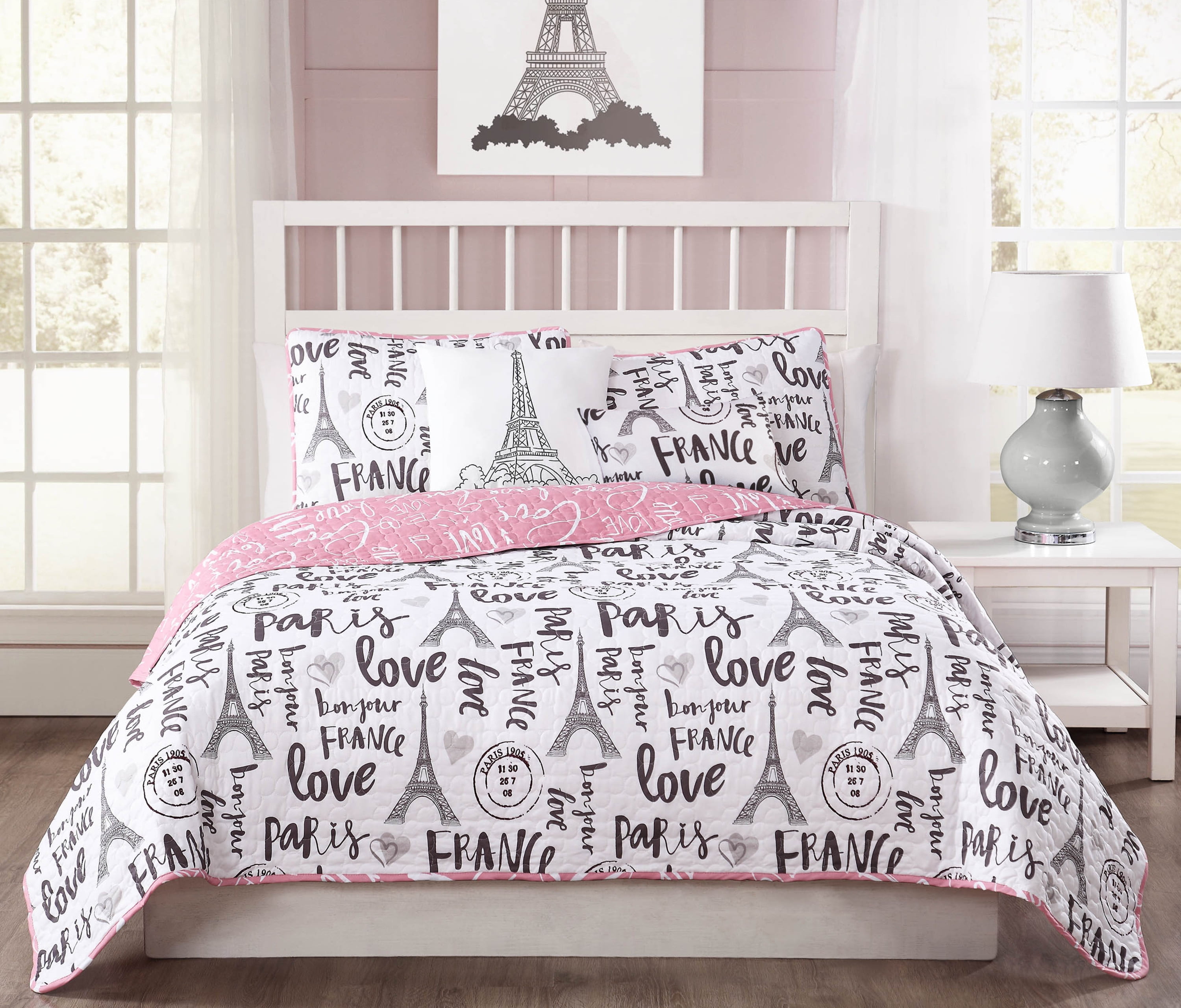 Bedding 5-piece Reversible Quilt Set, Pink/White/Black, King, Bonjour ...