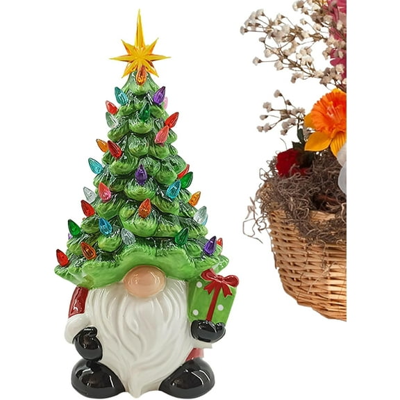Minibee Tabletop Ceramic Christmas Tree Gnome, Lighted Holiday Decoration with Multi-Color Bulbs & Star Topper, Pre-lit Xmas Centerpiece for Home & Office 8.2"