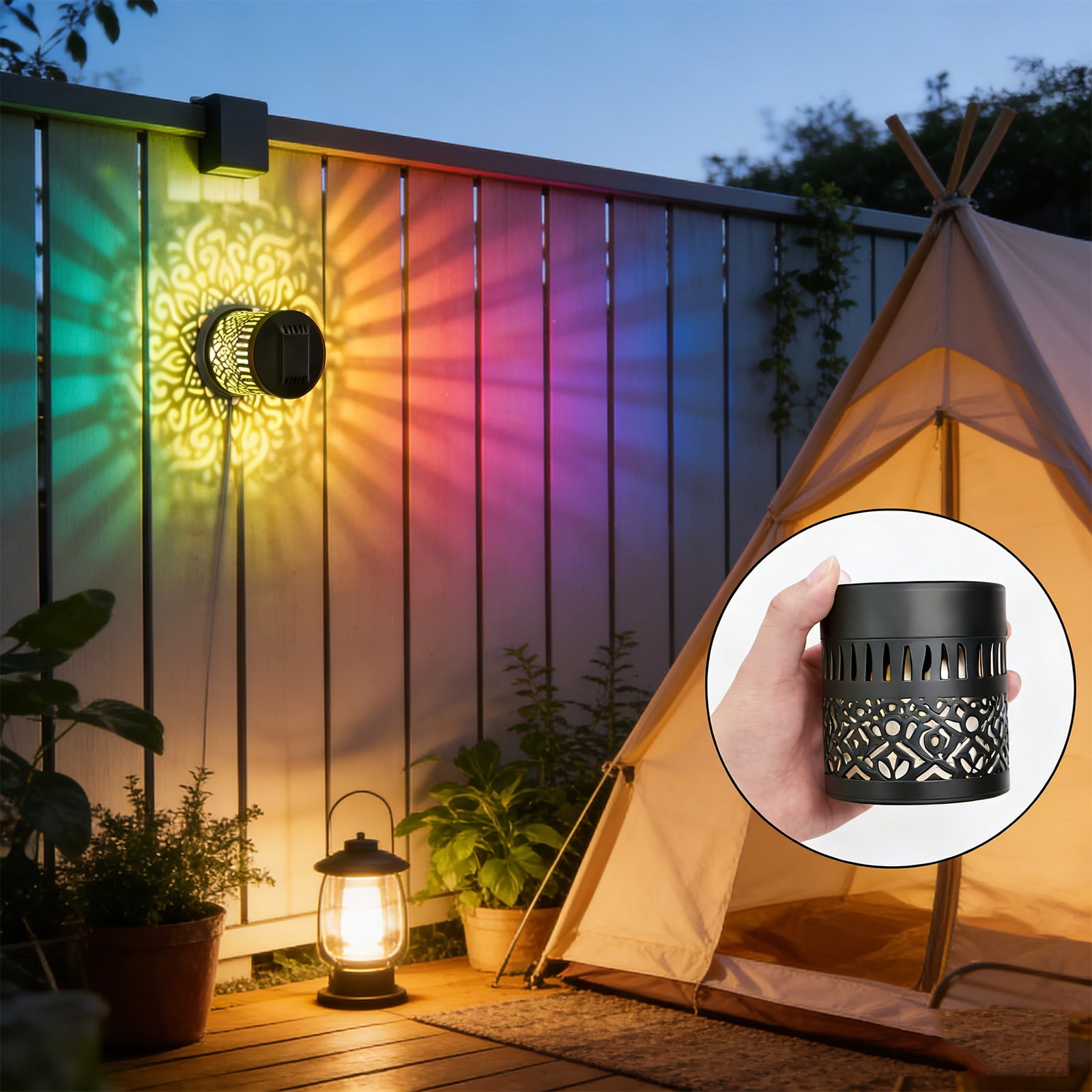 Seven-Color Changing Solar Mandala Projection Wall Light Decorative Solar Mandala Lights Outdoor Waterproof Metal Fence Lights for Yard Garden Post Patio Backyard Decor