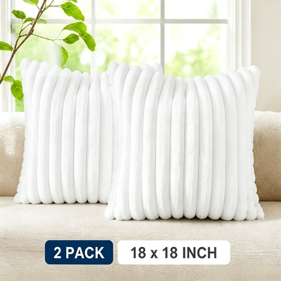 Summer Cozy Faux Fur Throw Pillow Covers 18x18 Set of 2 Decorative Soft Plush Striped Modern Farmhouse Boho Couch Pillow Cases with Velvet Back for Sofa Bed Living Room, White
