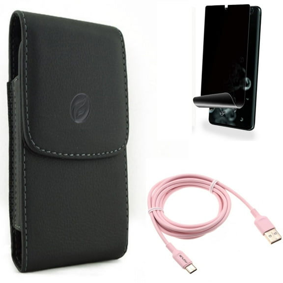 6ft USB-C Cable w Privacy Screen Protector w Case Belt Clip for Samsung Galaxy S20 Ultra - Pink Charger Cord Power, TPU Film [NOT GLASS] [Fingerprint Works], Leather Holster fits Galaxy S20 Ultra