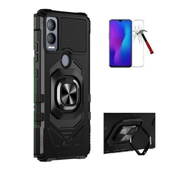 Phone Case for Cricket Magic 5G/AT&T Propel 5G, Ring Kickstand Hybrid Case Cover   Tempered Glass (Black)