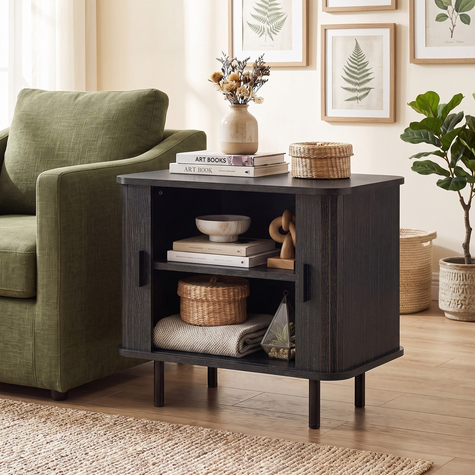 Furnibear End Table Modern Mid Century Nightstand with Sliding Tambour Doors and Storage Shelf for Bedroom Living Room, Black