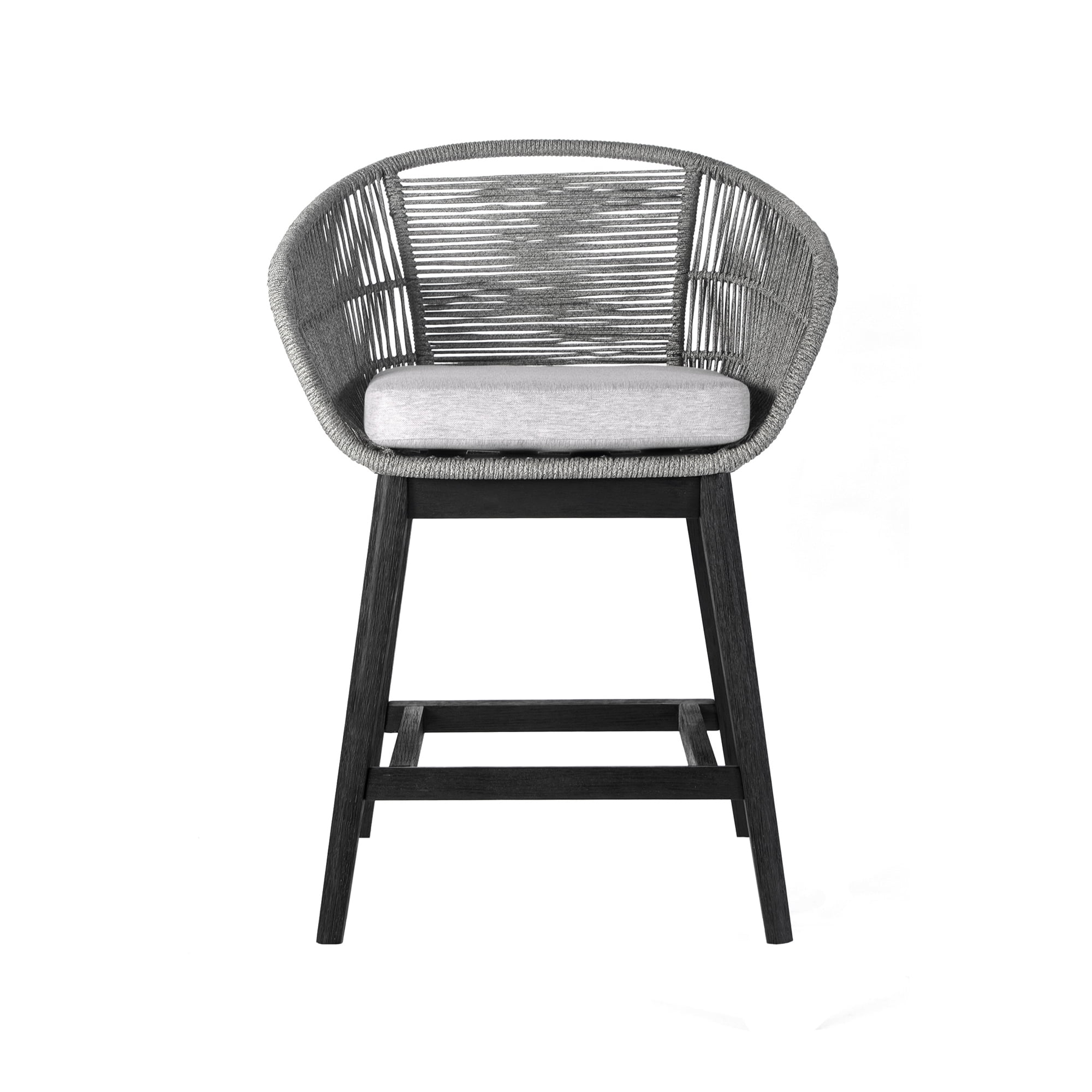 Tutti Frutti Indoor Outdoor Counter Height Bar Stool in Black Brushed Eucalyptus Wood with Gray Rope - Set of 2