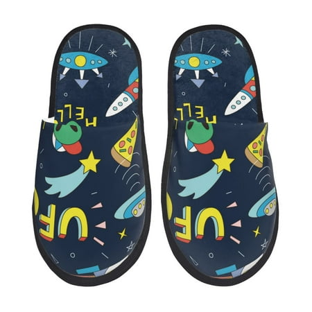Balery Funny Spaceships Slient Indoor Furry Fleece Comfort House Shoes Soft Non-Slip Home Shoes Cotton slippers House Slippers-- Large