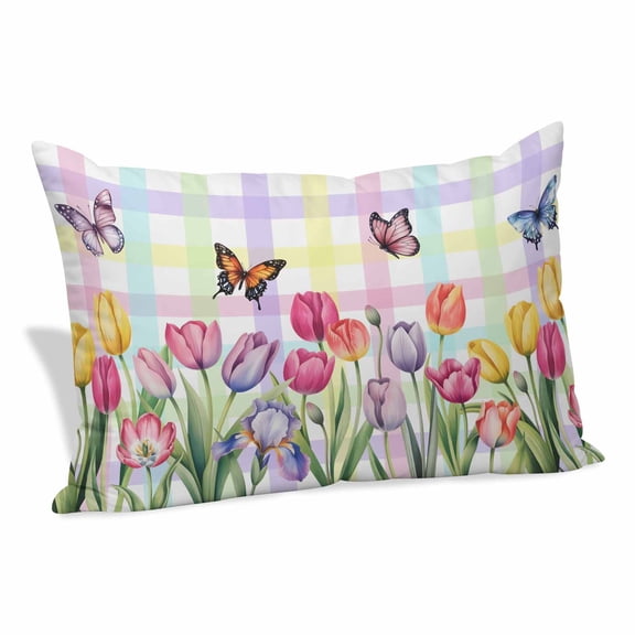Tulips Spring Floral Pillow Covers, Linen Long Throw Pillow Case, Flowers Butterfly Plaid Pastoral Holiday Pillow Protector Decorative Cushion Cover for Living Room/Bedroom 12" x 20"