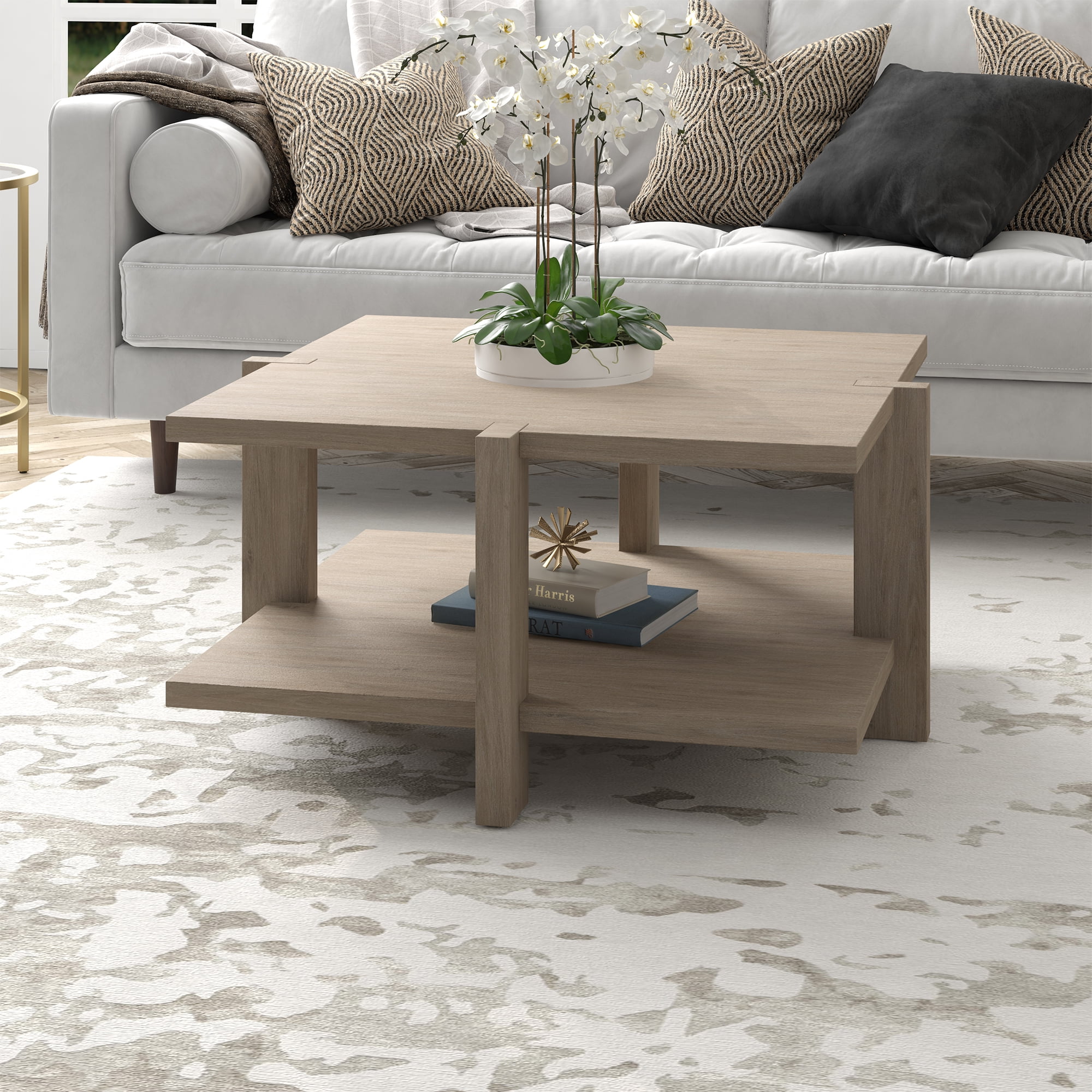 Evelyn&Zoe Ingrid 35" Wide Square Coffee Table, Antiqued Gray Oak