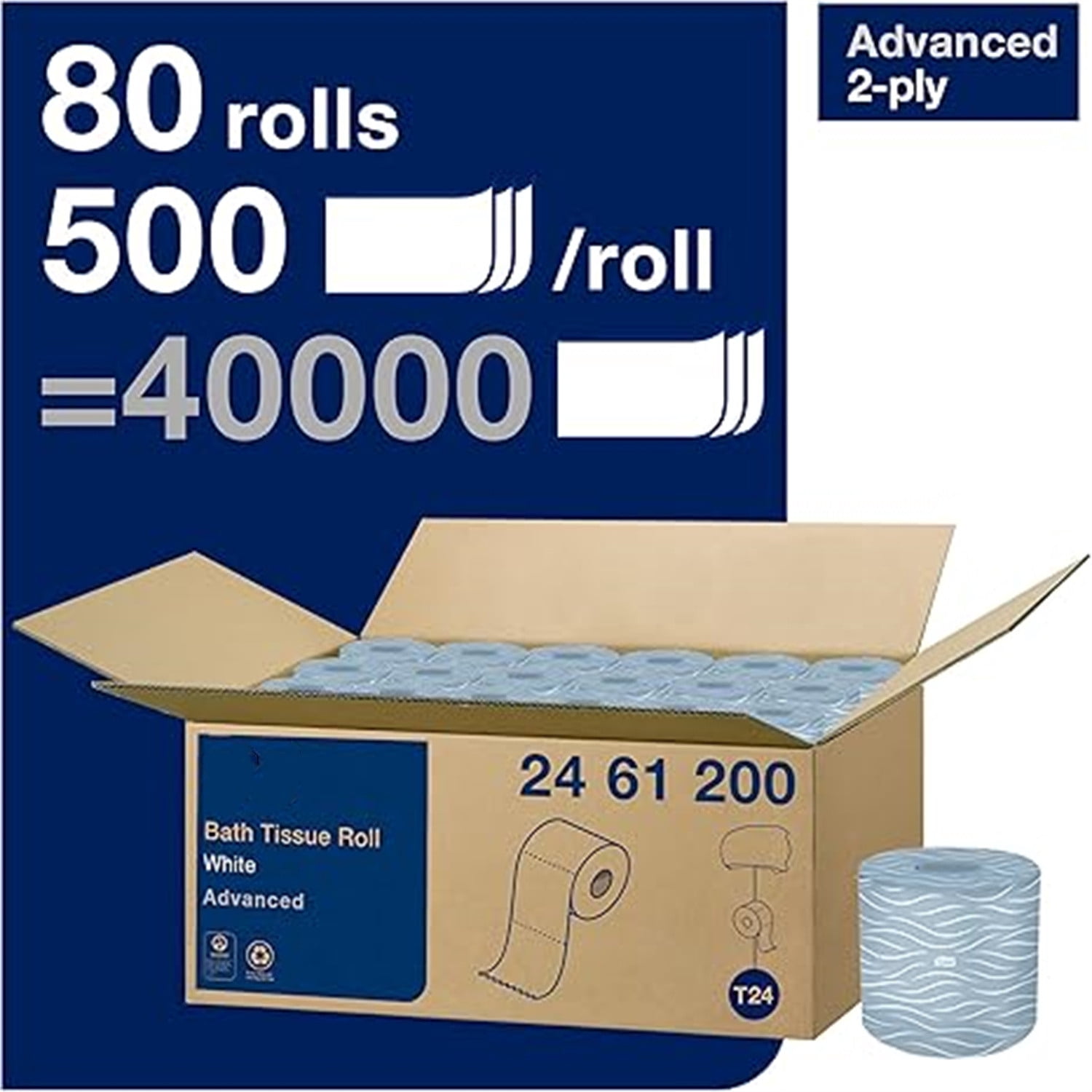 Advanced Toilet Paper Roll, White, Compatible with T24 Dispensers, 2-ply, Soft Tissue, 80 rolls x 500 sheets