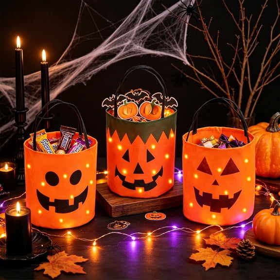 ShaoXinWan LED Light Up Halloween Candy Bucket Bag,Glowing Reusable Trick or Treat Tote Bag,Multipurpose Lighted Candy Pouch for Halloween Party Supplies and Favor Use