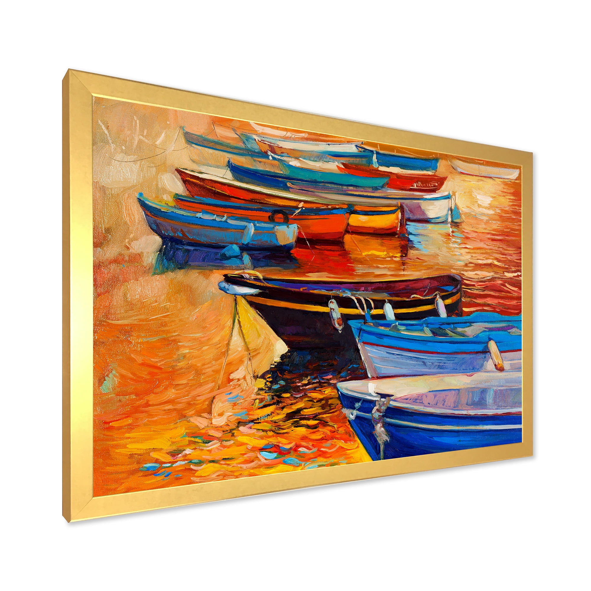 Boats During Warm Colored Sunset In The Harbor I 32 in x 24 in Framed Painting Canvas Art Print, by Designart
