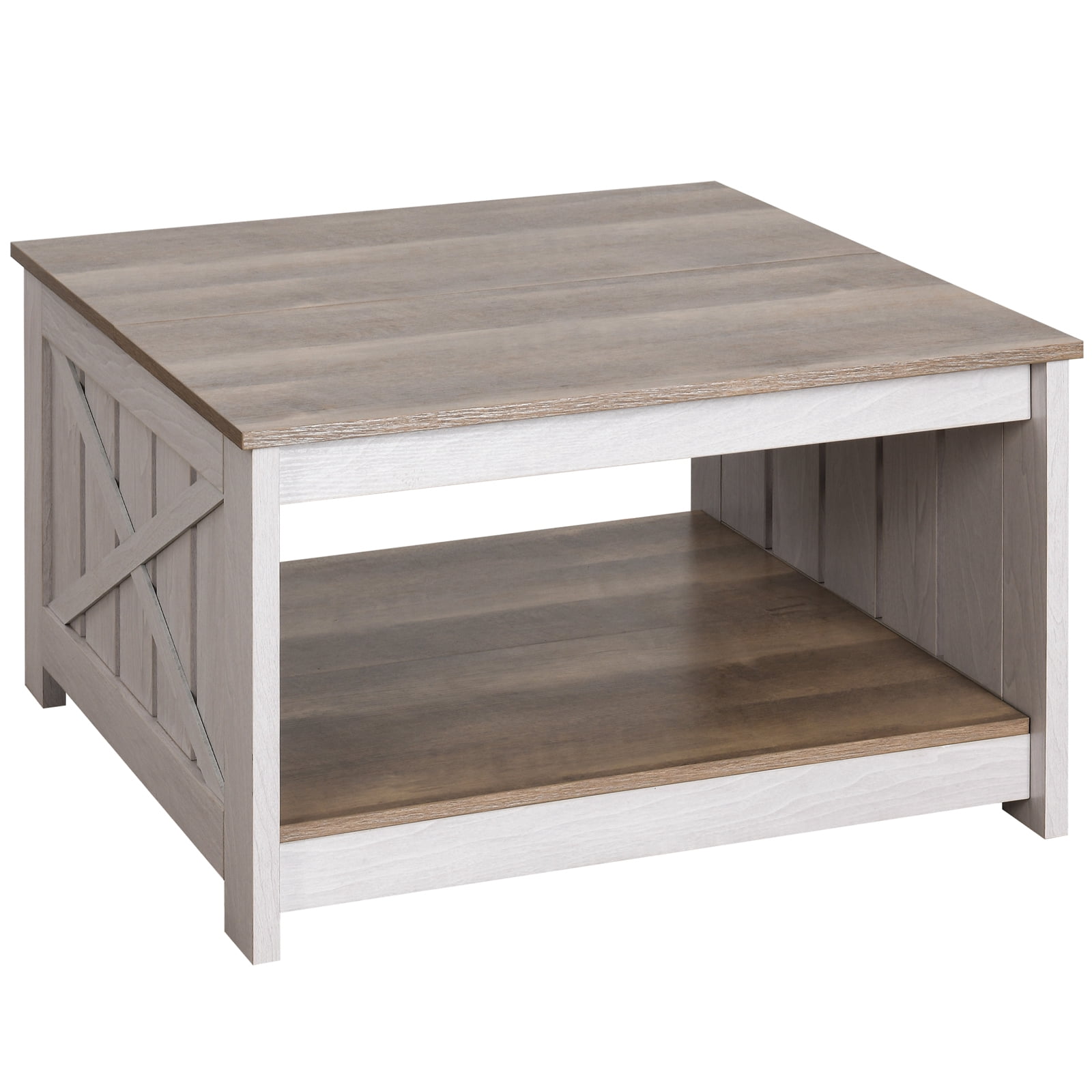 DEXTRUS Square Coffee Table, Farmhouse Center Table with Storage Compartment, Gray & White