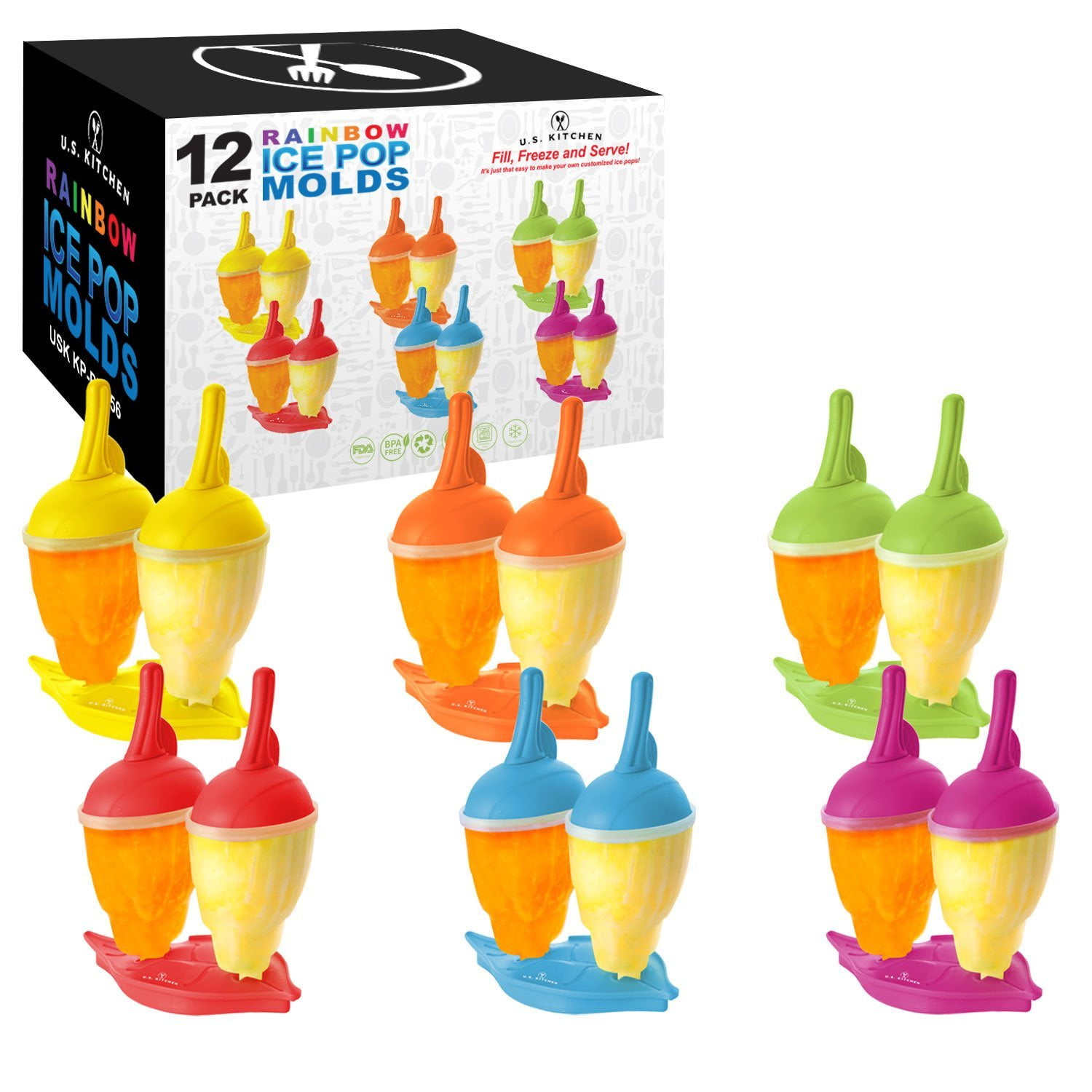 Jumbo Set of 12 Rainbow Ice Pop Molds Sets of 2 in 6 Colors Red
