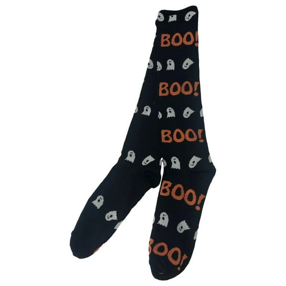 Womens Black & Orange Boo Ghost Print Knee High Halloween Socks