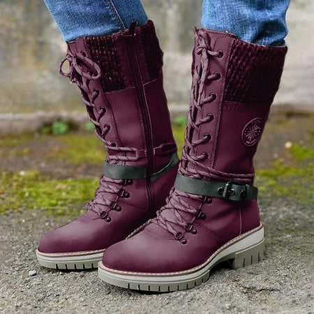 Tejiojio Fall Clearance Women Fashion Lace-up Shoes Western Cowboy Kngiht Boots Casual Warm Low Heels Middle Tube Boots