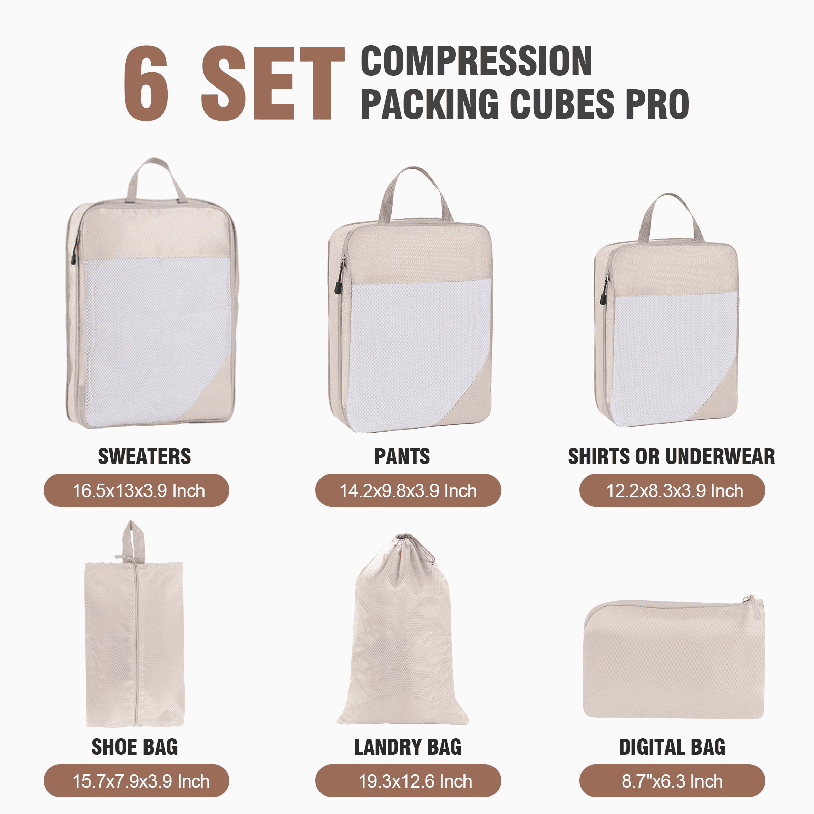 Okaka Compression Packing Cubes Set, Beige, 6-Piece