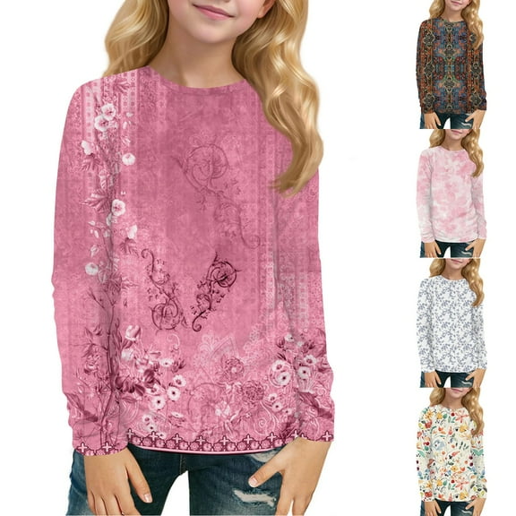 Drmagiyhm Girls Shirts Size 10-12 Casual Crewneck Floral Print Shirt Fashion Basic Long Sleeve Tshirts Kids Comfy Tees 4-5 Years Light pink